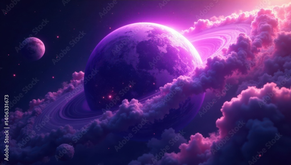 Fototapeta premium Glowing purple planet with swirling clouds of gas and dust, otherworldly, celestial