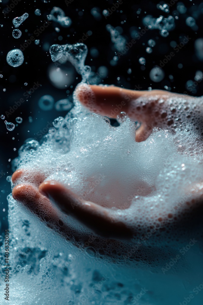 Fototapeta premium Ephemeral Embrace: A Hand Cupped in Cleansing Foam