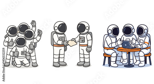 Group teamwork and collaboration set with cartoon astronauts. Taking group selfie, handshake, sitting in meeting discussion. Flat vector illustrations on white background.