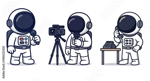 Content creation and filming set with cartoon astronauts. Using camera and tripod, working with laptop, managing video production. Flat vector illustrations on white background.