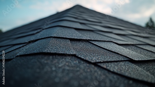 Roofing contractor installing shingles on a pitched roof. Featuring roof installation