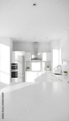 white kitchen with a large counter top