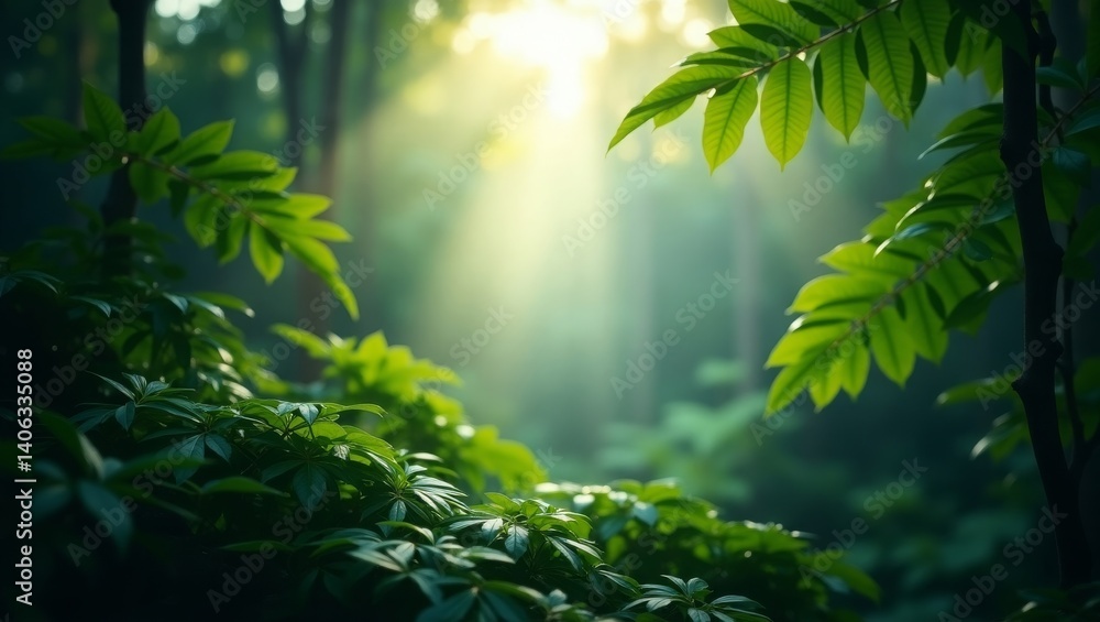 Fototapeta premium lush rainforest canopy background with layers of green leaves, soft sunlight rays piercing through, vibrant yet blurred