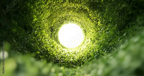 Sunlight penetrating through dense green foliage creating a vivid natural tunnel effect