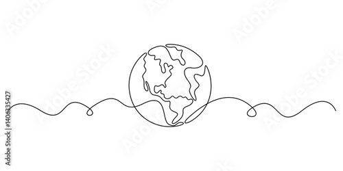 Earth globe world map continuous single line drawing. Earth globe hand drawn graphic illustration