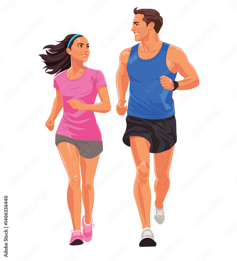 illustration of young couple run and smile at each other isolated on white background illustration of young couple run and smile at each other isolated on white background