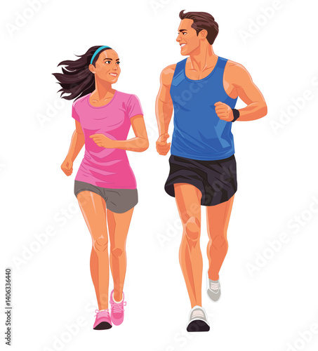 illustration of young couple run and smile at each other isolated on white background