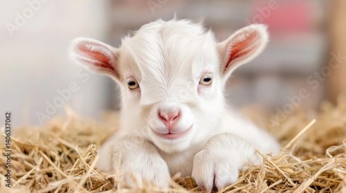 Adorable white baby goat in hay adorable farm animal stock photo