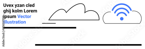 Two clouds, one with a wireless signal, minimal line elements. Ideal for technology, communication, networking, connectivity, cloud storage, internet services simple landing page