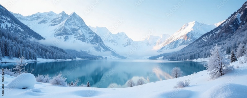 Obraz premium Frosty landscape with snow-covered mountains and frozen lake, frost, lake, icy