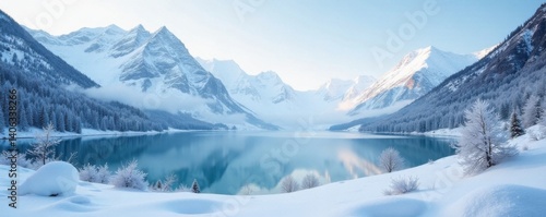 Wallpaper Mural Frosty landscape with snow-covered mountains and frozen lake, frost, lake, icy Torontodigital.ca