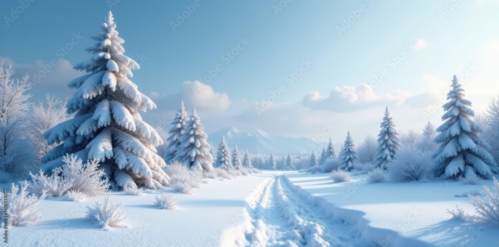 Naklejka premium Snowy landscape with frozen trees and frosty air, serene, frozen trees