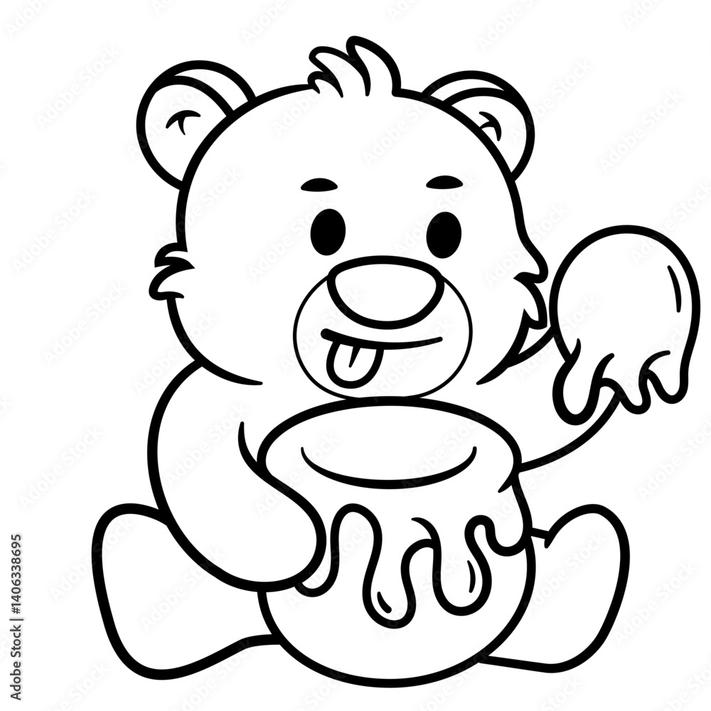 Fototapeta premium Hand drawing Cute Bear Eating Honey Sweet Cartoon Vector Icon Illustration. Animal Nature Icon Concept coloring page for kids. Funny animal outline illustration. Flat Cartoon Style
