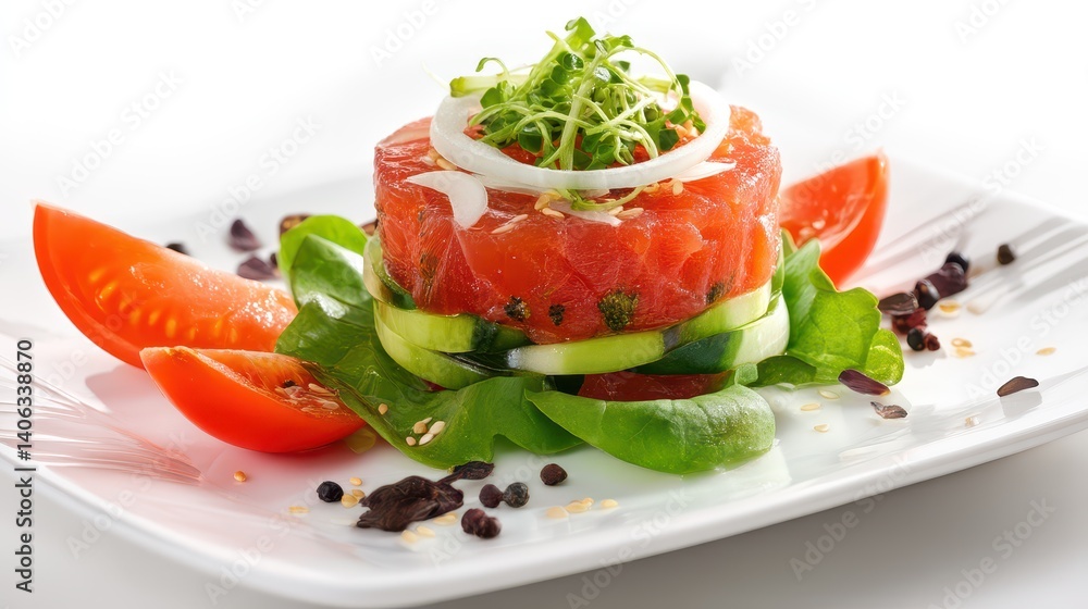 A gourmet salmon tartare dish elegantly presented on a white plate with fresh cucumber slices, tomato wedges, and microgreens garnished with peppercorns. A gourmet salmon tartare dish elegantly presented on a white plate with fresh cucumber slices, tomato wedges, and microgreens garnished with peppercorns.