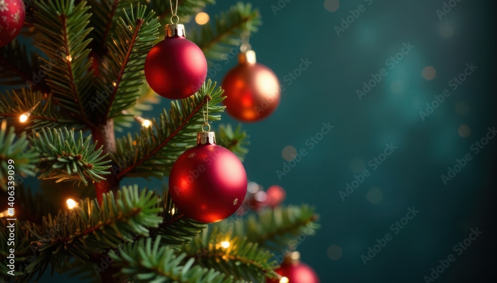 Fototapeta premium Decorated Christmas tree with hanging ornaments and New Year's Eve decorations, Ornaments, Christmas, Seasonal