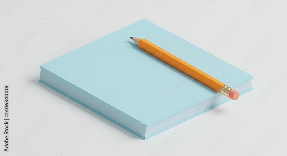 Pencil on Blue Book with White Background Minimalist Flat Lay Pencil on Blue Book with White Background Minimalist Flat Lay