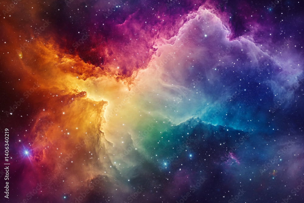 Naklejka premium A colorful nebula with stars and clouds in space. Where purple, red, orange, pink, and yellow colors combine to create a captivating scene.