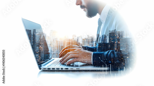 Businessman Working On Laptop With Double Exposure Cityscape In Background
