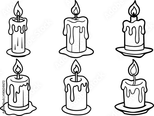 Set of candle with melting wax outline coloring book page line art vector illustration