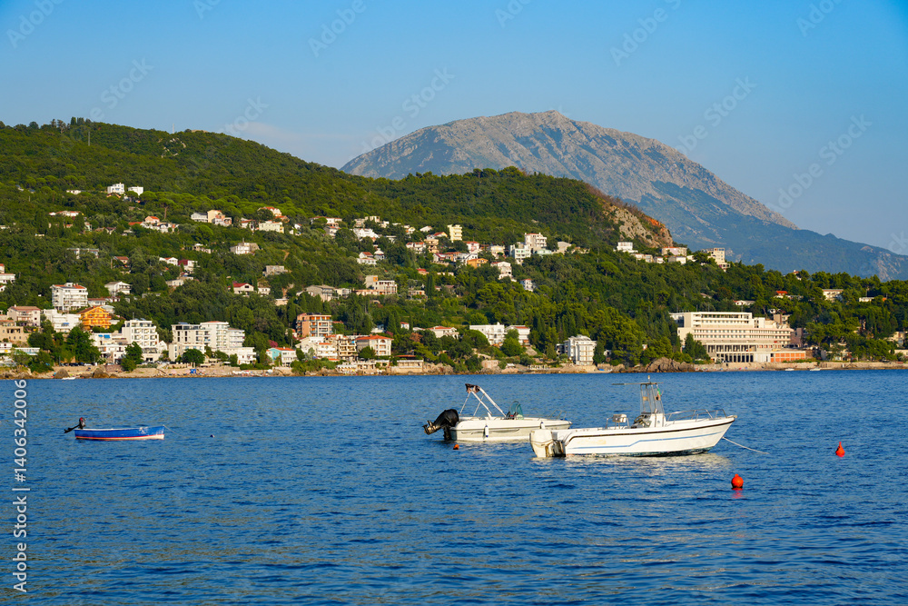 Boats in the bay of Sutomore in the Coastal region of Montenegro, along the coast of the Adriatic Sea