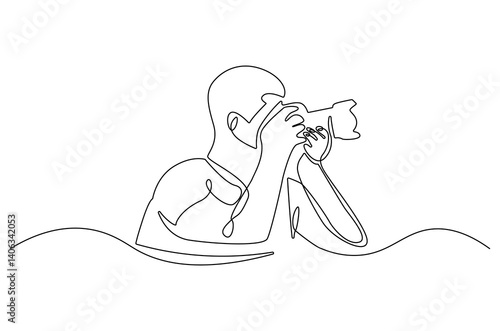Continuous one line drawing of Young man taking photo with camera. Single line drawing illustration of Young man photographer. Photography concept vector art. Doodle line illustration.