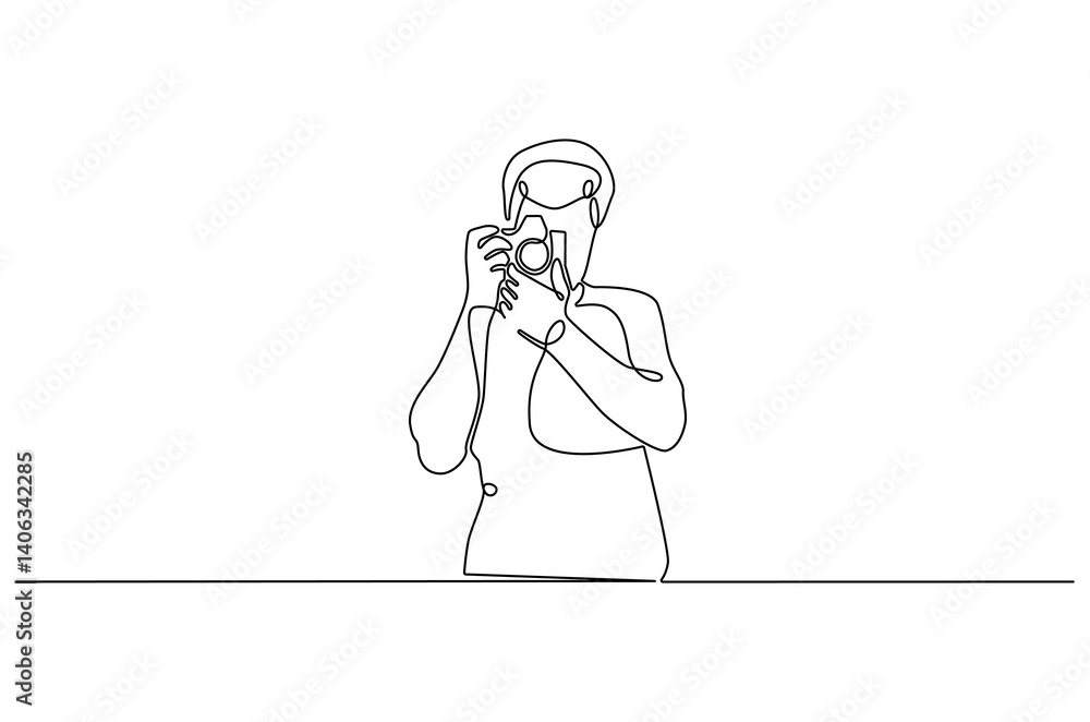 Continuous one line drawing of Young man taking photo with camera. Single line drawing illustration of Young man photographer. Photography concept vector art. Doodle line illustration. Continuous one line drawing of Young man taking photo with camera. Single line drawing illustration of Young man photographer. Photography concept vector art. Doodle line illustration.