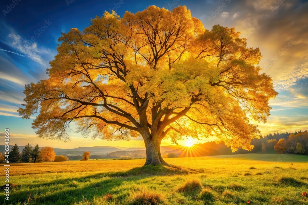 Fototapeta premium Golden Autumn Majesty A Solitary Tree Bathed in the Warm Glow of a Setting Sun, Casting Long Shadows Across a Verdant Meadow