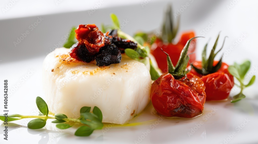 Pan-seared cod fillet presented on a pristine white plate with roasted cherry tomatoes and sun-dried olives creating a visually appealing gourmet dish perfect for culinary websites Pan-seared cod fillet presented on a pristine white plate with roasted cherry tomatoes and sun-dried olives creating a visually appealing gourmet dish perfect for culinary websites