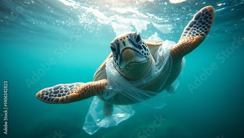 Realistic Photography Turtle Entangled in Plastic