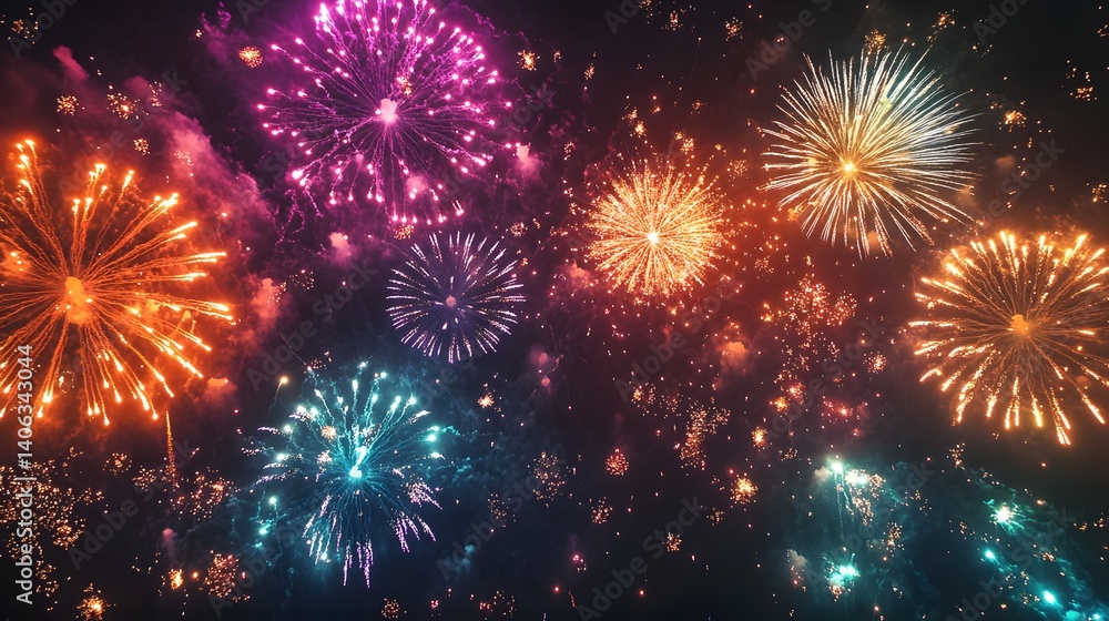 Naklejka premium Colorful fireworks explode in night sky