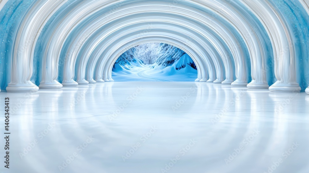 Fototapeta premium Ethereal white and blue tunnel background abstract symmetrical archway design cool color palette