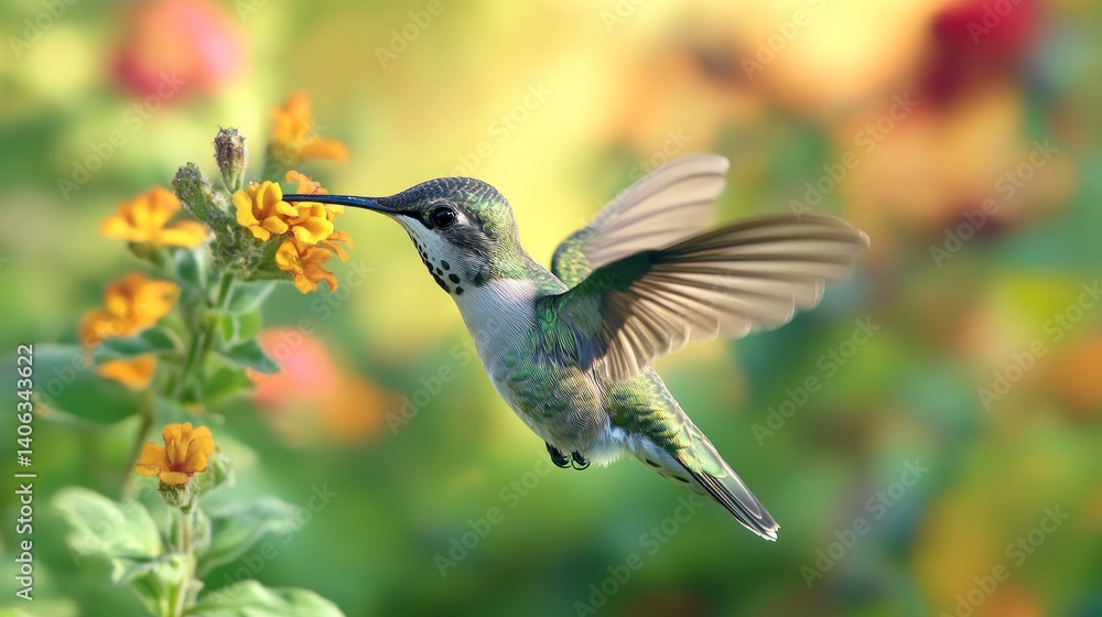 Fototapeta premium Hummingbird in flight sipping nectar from orange blossoms in a vibrant garden scene