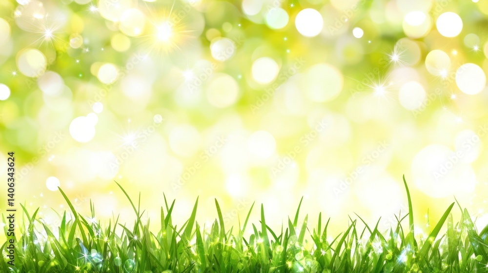 A vibrant grassy foreground with a blurred, sparkling green background.