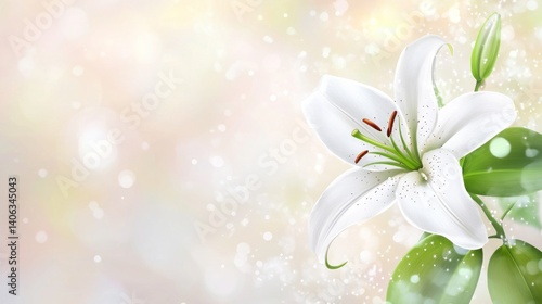A serene illustration of a white lily with soft bokeh background, conveying tranquility.