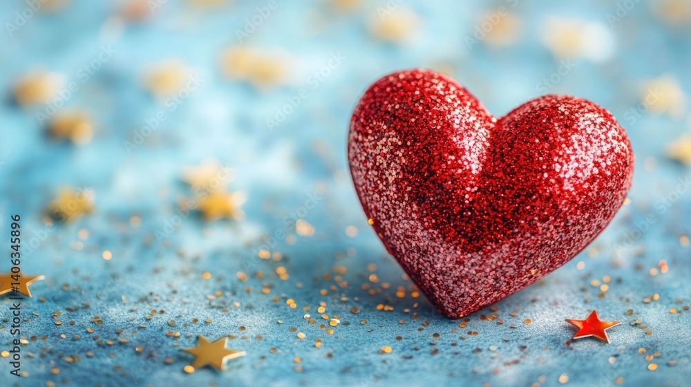 Obraz premium Festive red heart on a light blue background with gold stars.