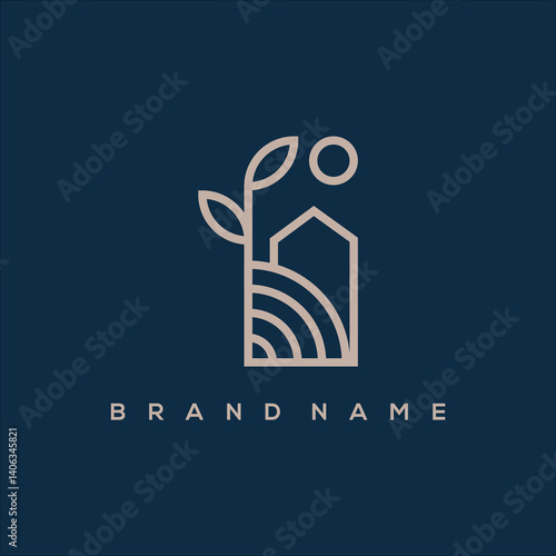 line art leaf house with field and sun vector logo