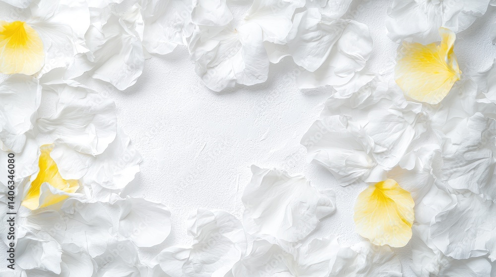 Fototapeta premium Elegant white floral frame background soft pastel yellow petals blurred texture