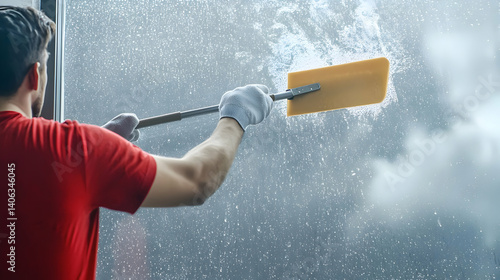 Wallpaper Mural Man In Red Shirt Cleaning Window With Squeegee And Soapy Water Against Cloudy Sky Backdrop Torontodigital.ca