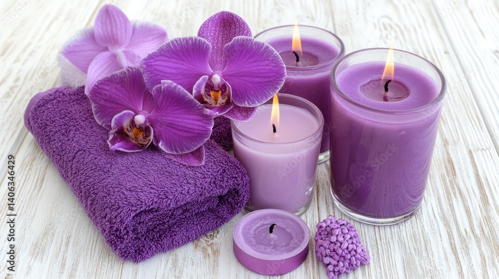 A serene arrangement of purple candles, orchids, and a towel for relaxation and self-care. A serene arrangement of purple candles, orchids, and a towel for relaxation and self-care.
