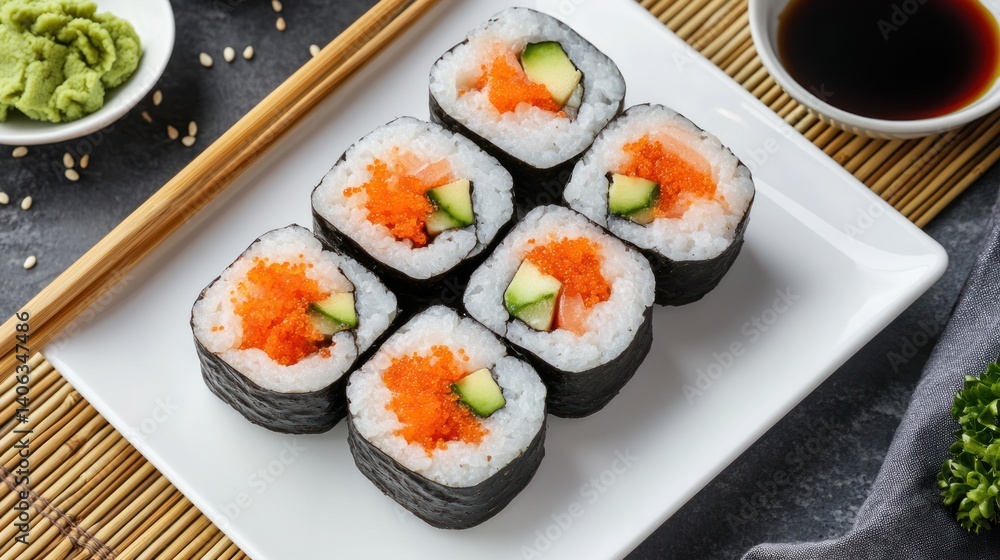 Freshly prepared sushi rolls arranged on a white plate. Colorful salmon, avocado, and cucumber fillings are visible inside. Asian-inspired food presentation. Freshly prepared sushi rolls arranged on a white plate. Colorful salmon, avocado, and cucumber fillings are visible inside. Asian-inspired food presentation.