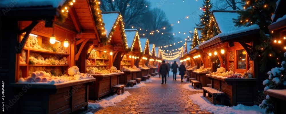 Fototapeta premium Christmas market scene with wooden stalls and twinkling lights, market, decorations, winter