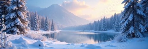 Frosty forest landscape with snow-covered trees and frozen lake, snow, forest, frozen