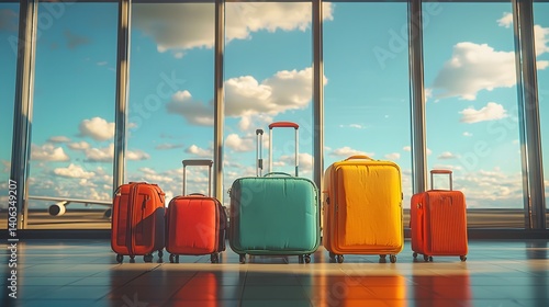 Vibrant Travel Gear Neatly Arranged in Sunny Airport Departure Lounge
