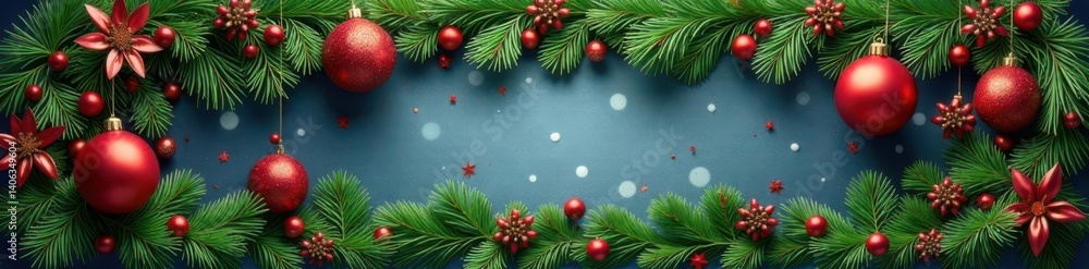 Naklejka premium Christmas Border With Coniferous Branches And Garland, evergreen, winter wonder