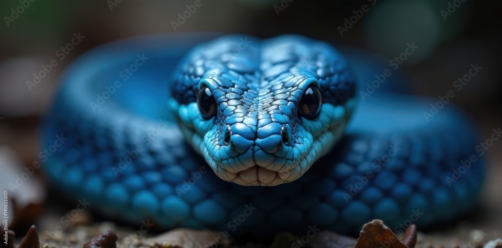 Obraz premium Blue viper snake's facial expression, highlighting its striking pattern and agile features , patterns, face, viper