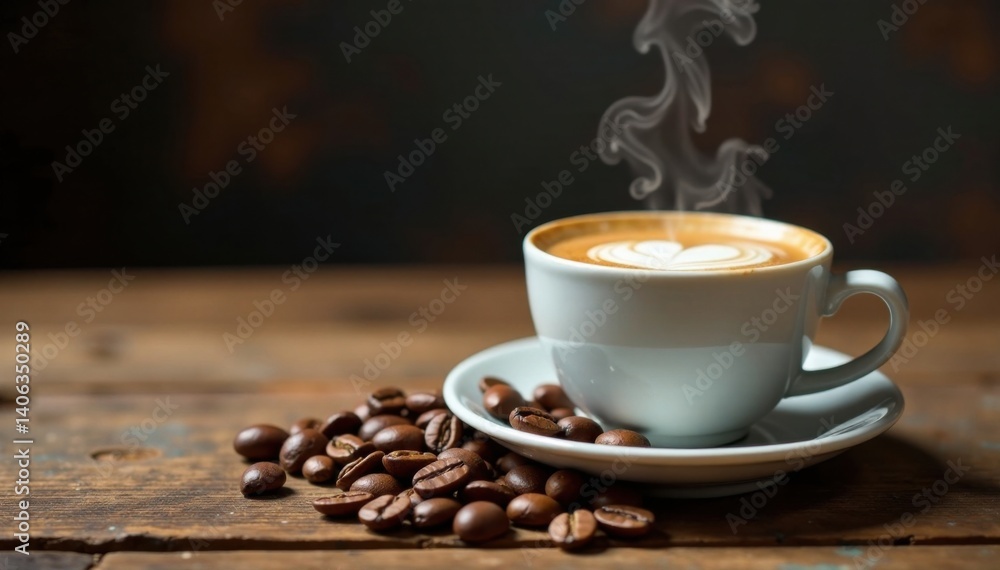 Steaming espresso cup with beans on old wooden table , steamed milk, rustic decor, wooden table Steaming espresso cup with beans on old wooden table , steamed milk, rustic decor, wooden table