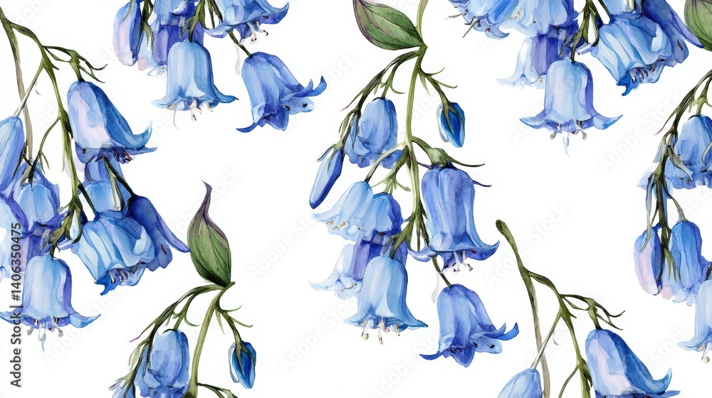 Fototapeta premium A delicate painting showcasing bluebell flowers arranged elegantly across the scene. These vibrant blooms add a touch of natural elegance.