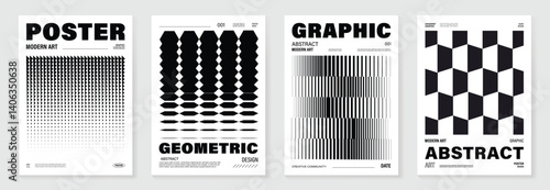 Abstract monochrome poster background vector set. Modern cover template with black and white perspective geometric prism shape, halftone dot, line. Ideal design for social media, banner, ads. 