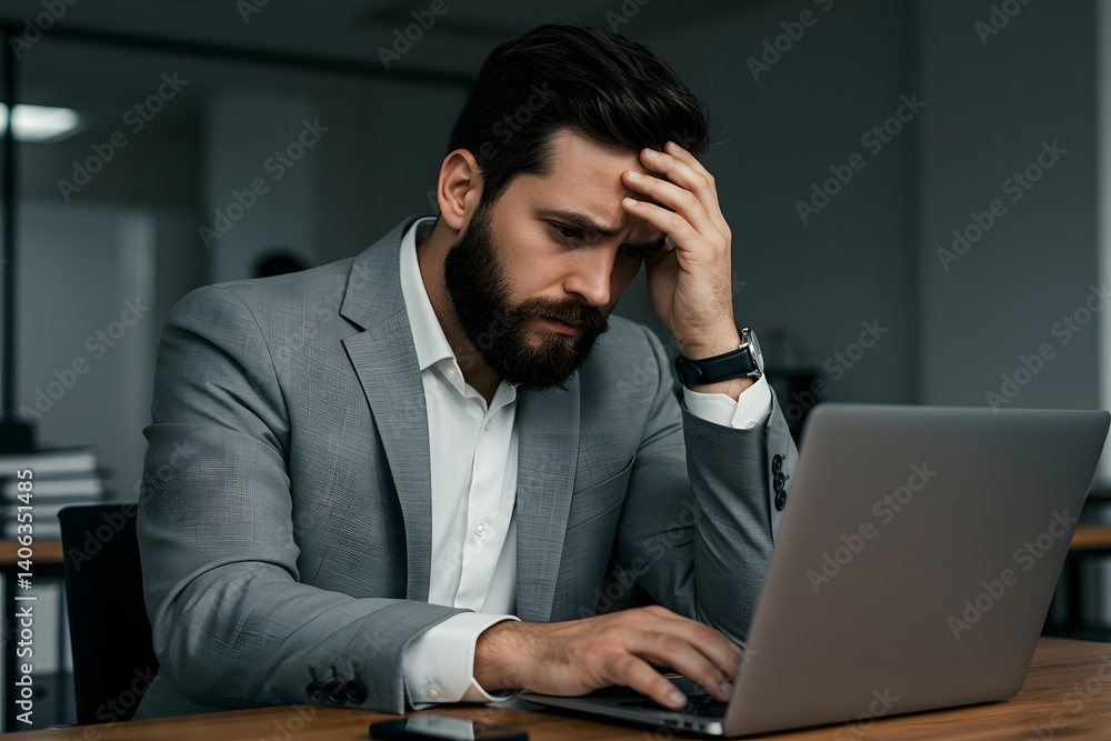 hand on forehead, looking at laptop, office setting, stressed expression, Worried businessman reading problematic email on computer at corporate office. businessman in grey suit hand on forehead, looking at laptop, office setting, stressed expression, Worried businessman reading problematic email on computer at corporate office. businessman in grey suit