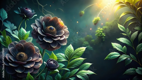 Dark Blooms in an Enchanting, Mystical Forest Setting with Sunlight Rays Filtering Through Lush Green Foliage